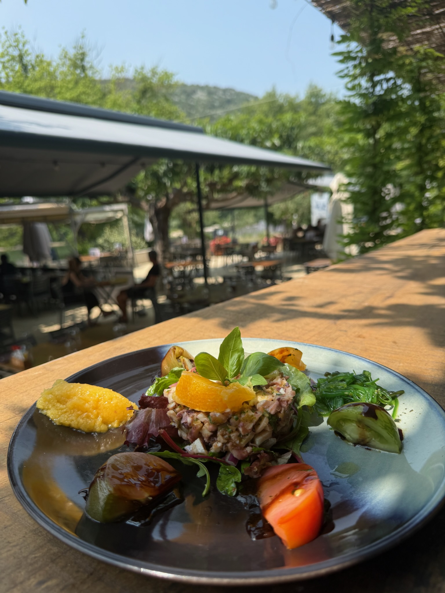 entrées, salade césar, burrata, fois gras, ceviche de poulpe cuisine méditerranéenne saint marcelin jambon cru, Ardèche Saint Martin d'ardèche restaurant bord de l'ardèche canoë
